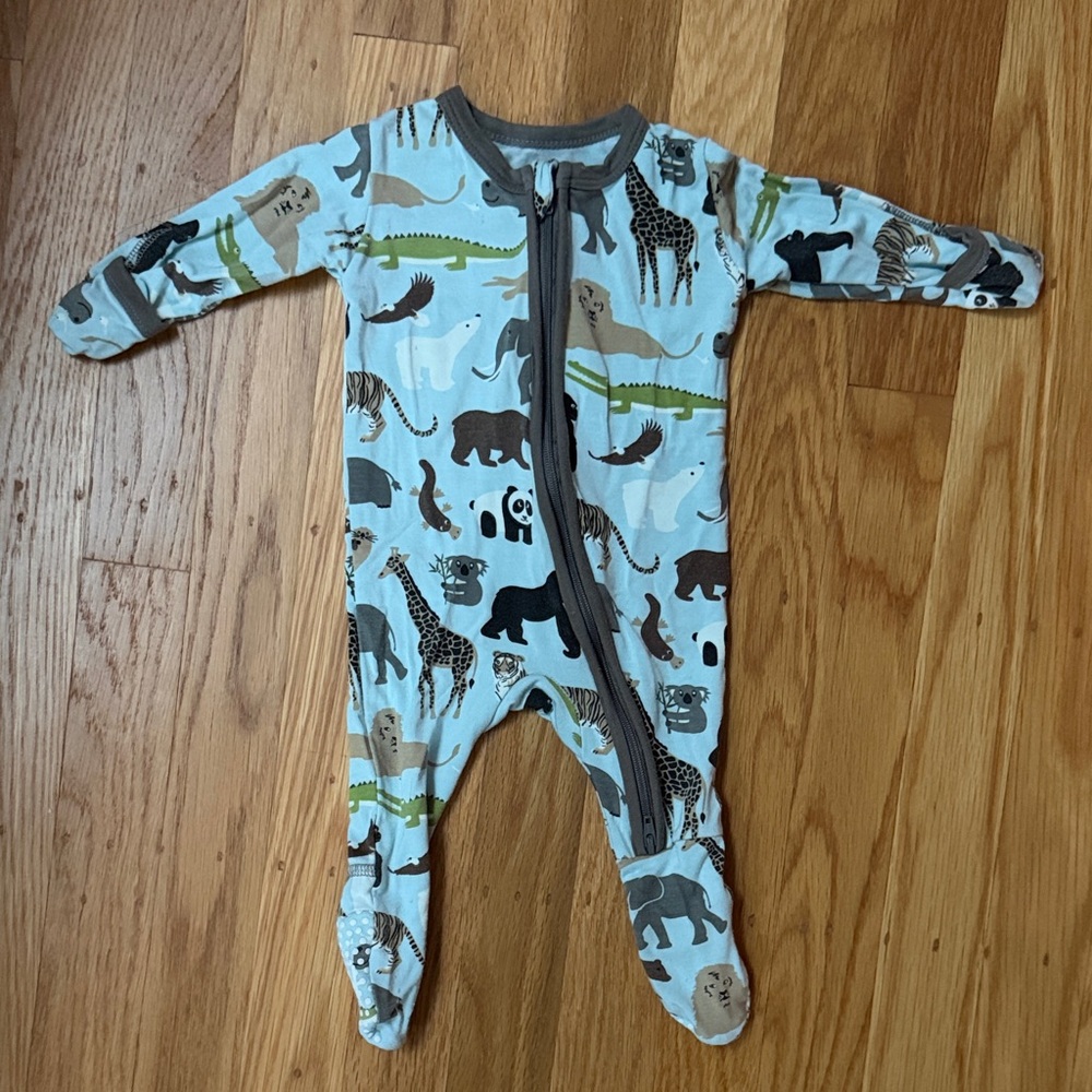 Kickee Pants Light Blue Safari Animal Zip-Front Footed One-Piece